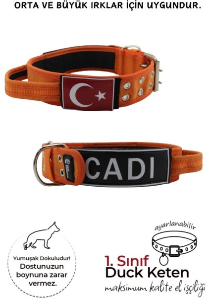 Isimli Türk Bayraklı Yumuşak Dokulu Elcikli Kolon Köpek Tasması, Köpek Boyun Tasması Turuncu