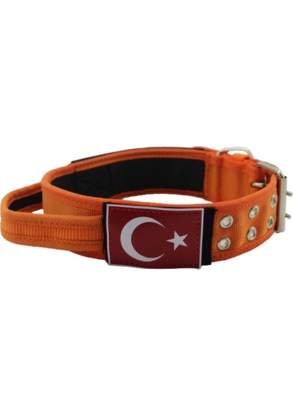 Isimli Türk Bayraklı Yumuşak Dokulu Elcikli Kolon Köpek Tasması, Köpek Boyun Tasması Turuncu