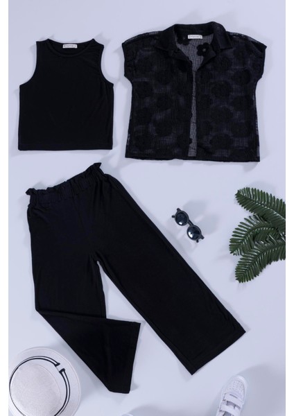 3'lü Çiçek Brodeli Siyah Gömlek Tshirt Pantolon Takım
