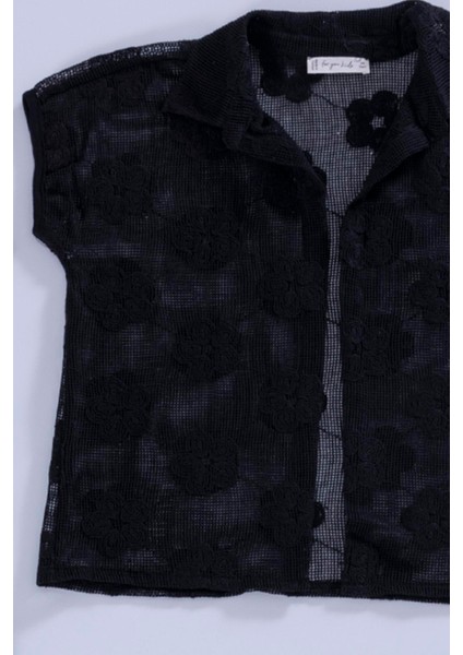 3'lü Çiçek Brodeli Siyah Gömlek Tshirt Pantolon Takım modelleri