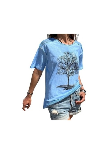 Taşlı Ağaç Baskılı File Detaylı Penye Bluz