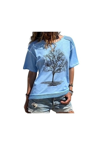 Taşlı Ağaç Baskılı File Detaylı Penye Bluz fiyatları