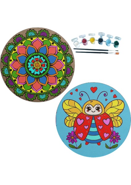 2'li Mandala Boyama Seti Aile Etkinliği 2 Ham Mdf Plaka 6 Renk Boya 2 Fırça Model 38