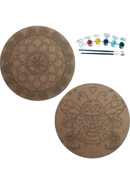 2'li Mandala Boyama Seti Aile Etkinliği 2 Ham Mdf Plaka 6 Renk Boya 2 Fırça Model 38