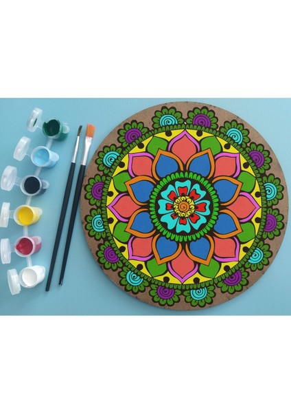2'li Mandala Boyama Seti Aile Etkinliği 2 Ham Mdf Plaka 6 Renk Boya 2 Fırça Model 38