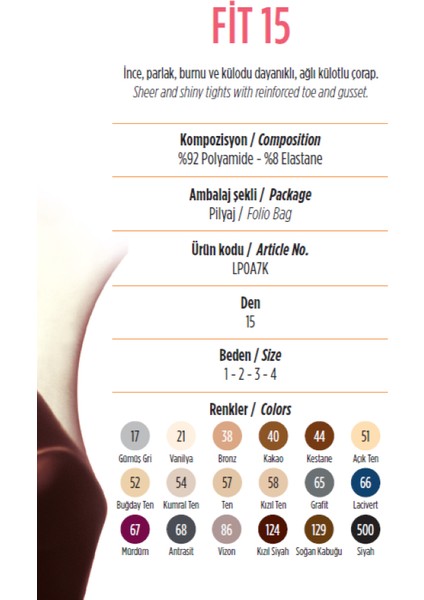 Penti. Buğday Ten. Parlak. Fit 15 Den. Burnu Dayanıklı. Külotlu Çorap. Renk No:52