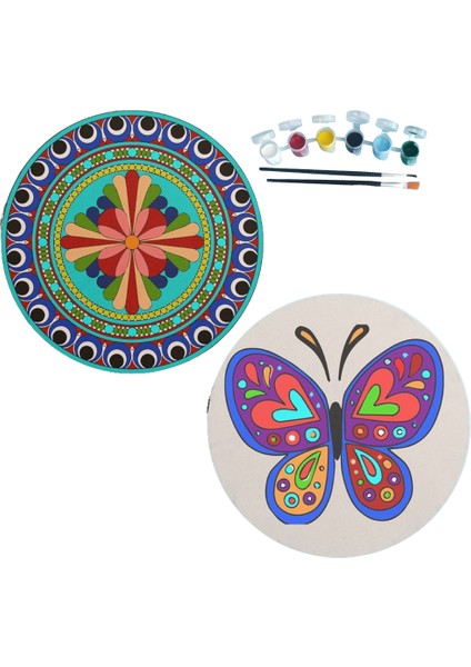 2'li Mandala Boyama Seti Aile Etkinliği 2 Ham Mdf Plaka 6 Renk Boya 2 Fırça Model 16