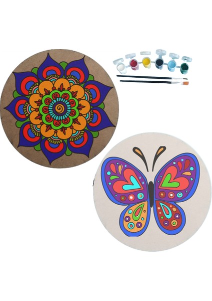2'li Mandala Boyama Seti Aile Etkinliği 2 Ham Mdf Plaka 6 Renk Boya 2 Fırça Model 21
