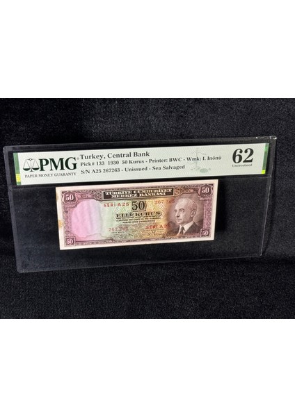 Pmg 62 Unc Çil Inönü Batan Gemi 50 Kuruş P 133 1930 S/n A25 267263 2. Ems