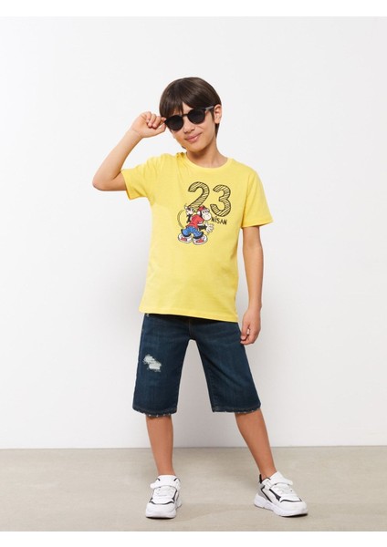 Bisiklet Yaka 23 Nisan Ve Nostaljik Maymun Baskılı Kısa Kollu Pamuklu Erkek Çocuk Tişört