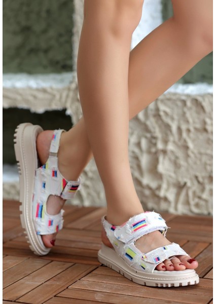 Foin Beyaz Kot Cırt Cırtlı Sandalet fiyatları