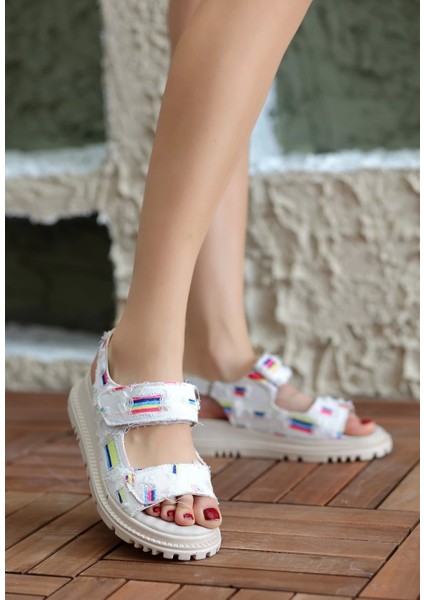 Foin Beyaz Kot Cırt Cırtlı Sandalet modelleri