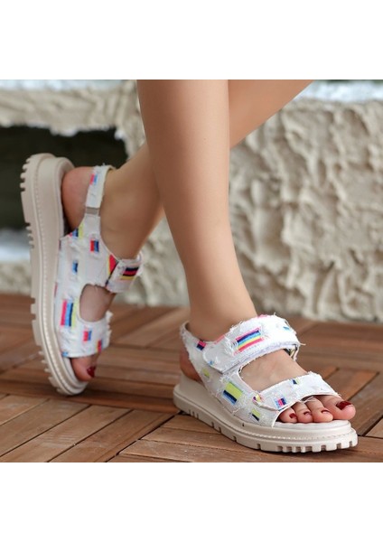 Foin Beyaz Kot Cırt Cırtlı Sandalet fırsatları