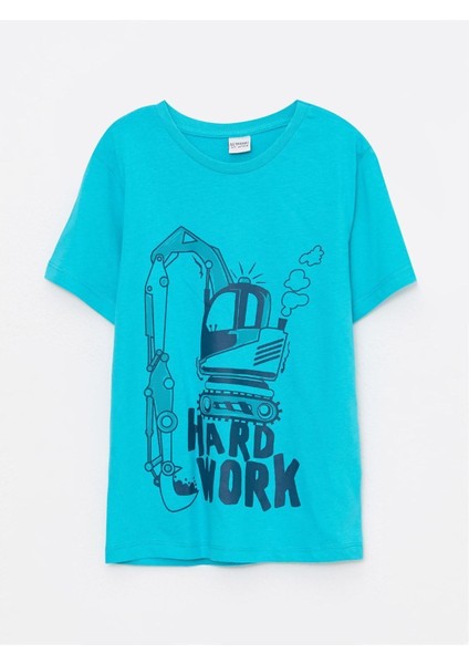 Bisiklet Yaka Baskılı Kısa Kollu Pamuklu Erkek Çocuk Tişört