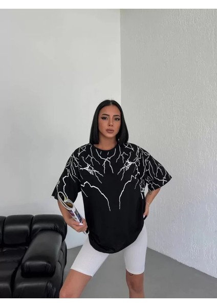 Alinn Butikk Unisex Bisiklet Yaka Baskılı Oversize T-Shirt - Siyah