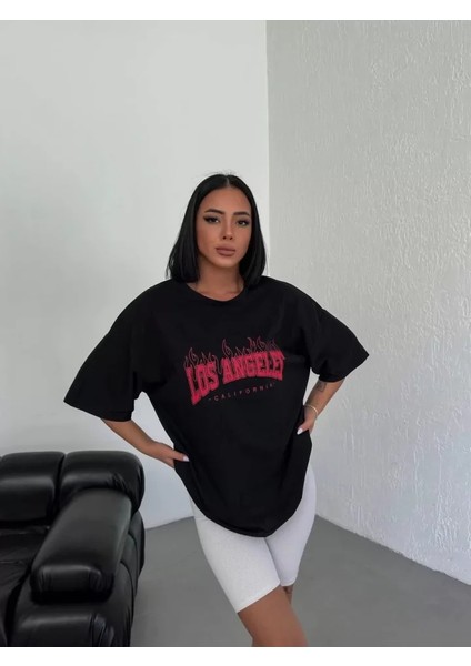 Alinn Butikk Unisex Bisiklet Yaka Baskılı Oversize T-Shirt - Siyah