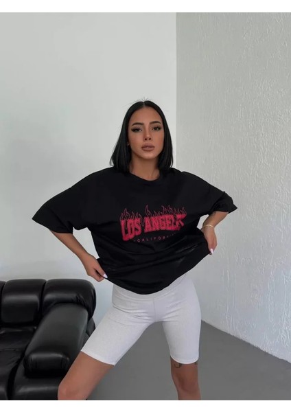 Alinn Butikk Unisex Bisiklet Yaka Baskılı Oversize T-Shirt - Siyah