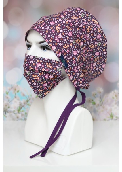 Tesettür Mor Çıtır Çiçekler Cerrahi Bone Maske Takım Geniş Kesim