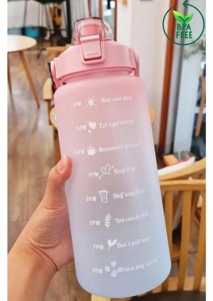 Pembe Motivasyonel Su Matarası Suluk 2 Litre Sticker ve Pipetli Su Matarası 2 L Plastik