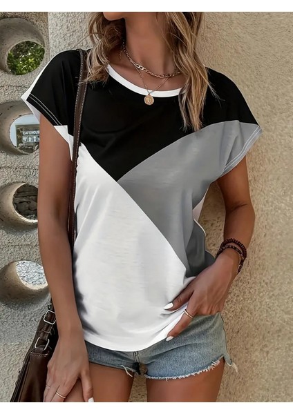 Kadın Bisiklet Yaka Üç Renk Viskon T-Shirt modelleri