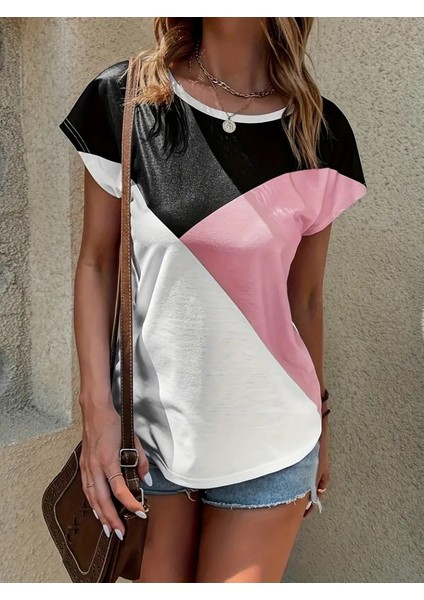 Kadın Bisiklet Yaka Üç Renk Viskon T-Shirt modelleri