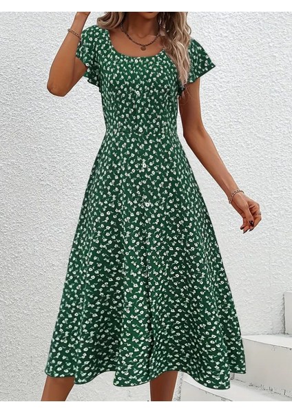 Kadın Düğme Detaylı Çiçek Desen Midi Boy Süprem Kloş Elbise