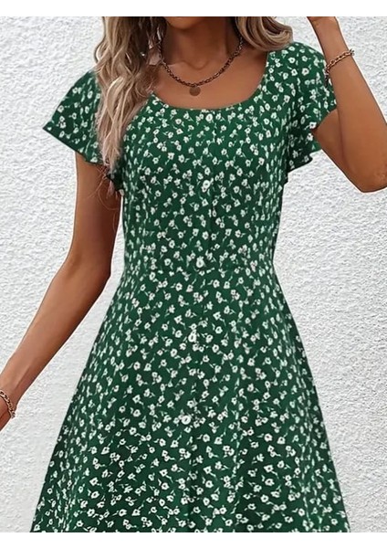 Kadın Düğme Detaylı Çiçek Desen Midi Boy Süprem Kloş Elbise fiyatları