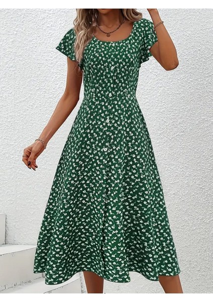 Kadın Düğme Detaylı Çiçek Desen Midi Boy Süprem Kloş Elbise modelleri