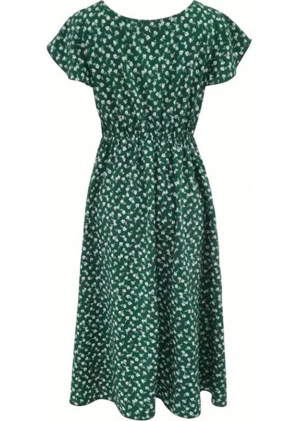 Kadın Düğme Detaylı Çiçek Desen Midi Boy Süprem Kloş Elbise fırsatları