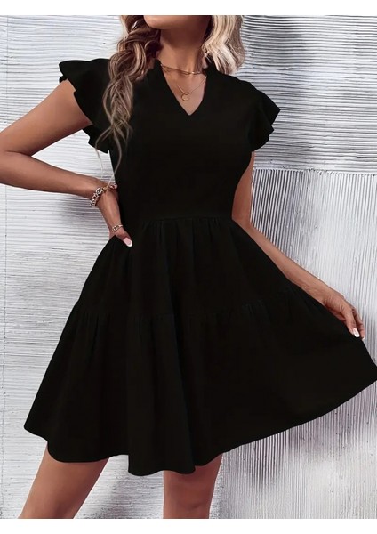 Kadın Kısa Kollu V Yaka Kolu Fırfırlı Üç Parça Aerobin Mini Elbise fiyatları