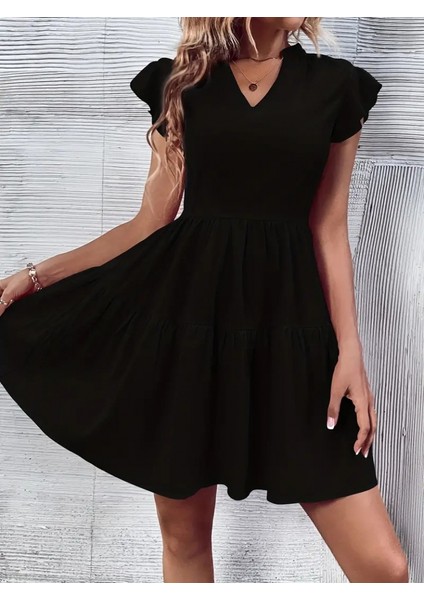 Kadın Kısa Kollu V Yaka Kolu Fırfırlı Üç Parça Aerobin Mini Elbise modelleri