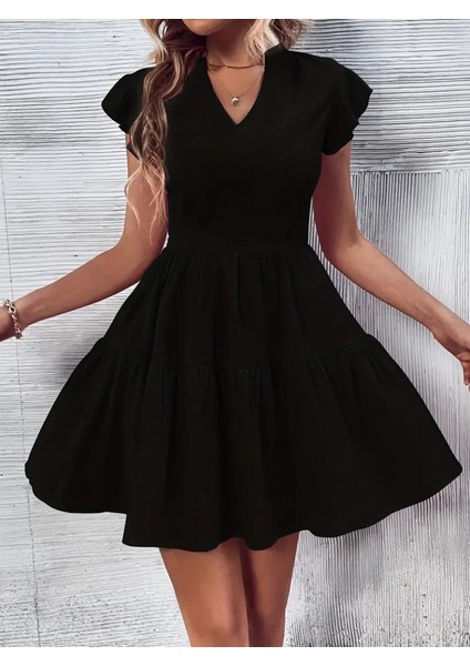 Kadın Kısa Kollu V Yaka Kolu Fırfırlı Üç Parça Aerobin Mini Elbise fırsatları