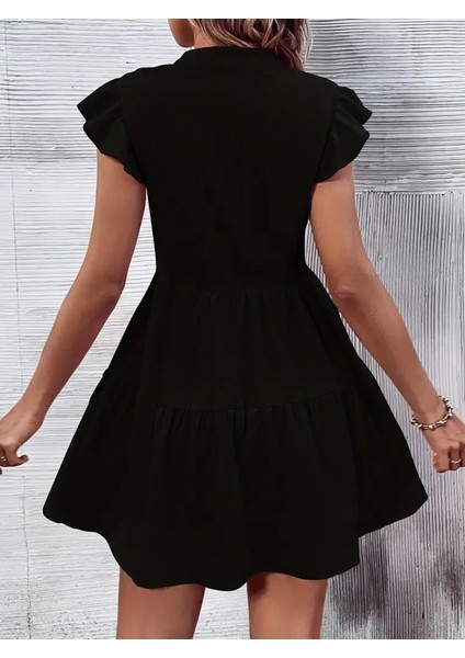 Kadın Kısa Kollu V Yaka Kolu Fırfırlı Üç Parça Aerobin Mini Elbise indirimleri