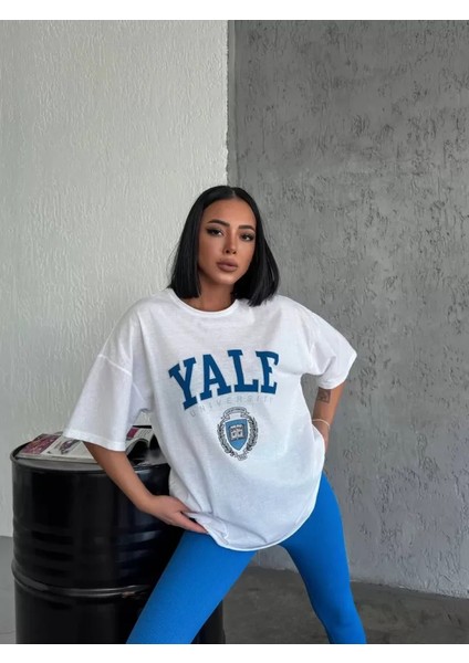 Bisiklet Yaka Baskılı Oversize T-Shirt - Beyaz