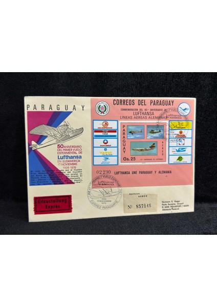1976 Lufthansa Airmail Aerophilately Paraguay Almanya Ilk Gün Zarfı Fdc Taahhütlü Uçak Postası