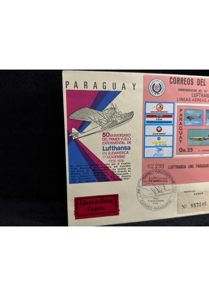 1976 Lufthansa Airmail Aerophilately Paraguay Almanya Ilk Gün Zarfı Fdc Taahhütlü Uçak Postası