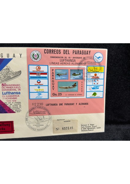 1976 Lufthansa Airmail Aerophilately Paraguay Almanya Ilk Gün Zarfı Fdc Taahhütlü Uçak Postası