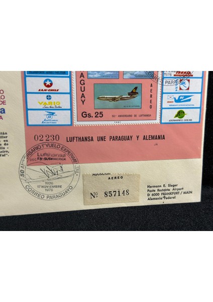 1976 Lufthansa Airmail Aerophilately Paraguay Almanya Ilk Gün Zarfı Fdc Taahhütlü Uçak Postası