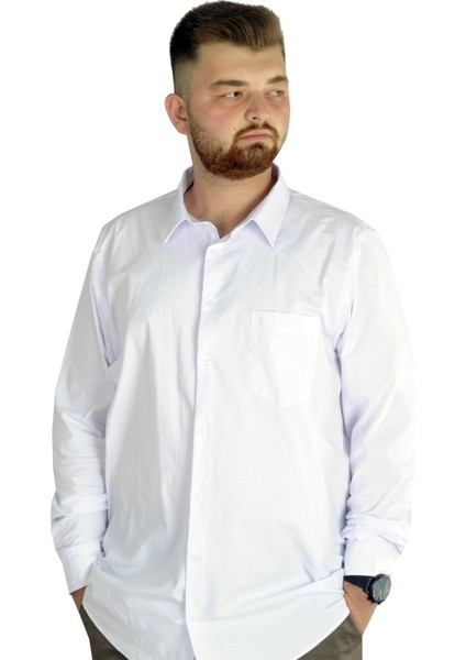 Büyük Beden Erkek Klasik Cepli Gömlek Likralı 20350 Beyaz