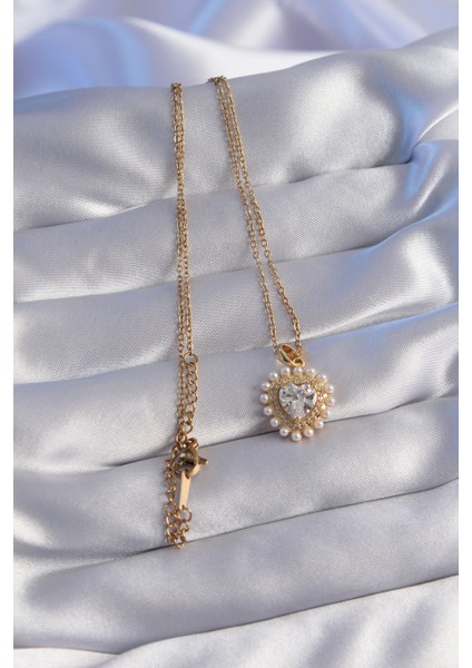 316L Çelik Zincir Gold Renk Incili Zirkon Taşlı Kalp Tasarımlı Kolye - EBJ270706W25084 fiyatları