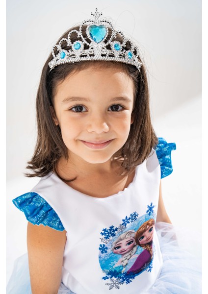 Prenses Anna & Elsa Temalı Frozen Karlar Ülkesi Kız Çocuk Beyaz Doğum Günü Elbisesi ve Parti Kostümü