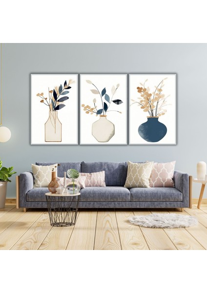 3lü Metal Çerçeveli Cam Tablo Seti Vazo ve Soft Yaprak Tasarımı