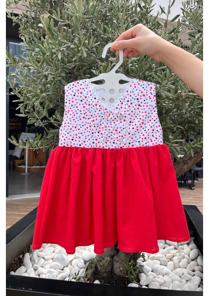 Renkli Puantiyeli Dantel Detaylı Şile Bezi Poplin Kız Çocuk Bebek Elbise