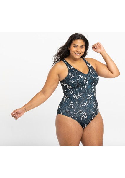 Kadın U Kesim Sırt Detaylı Mayo - Mavi - Desenli - 40 beden