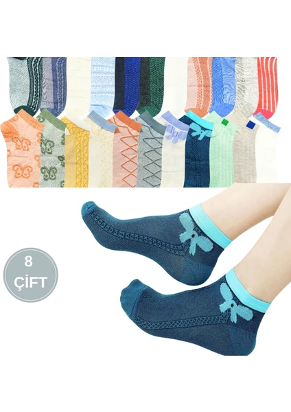 Kral Socks Kadın Çorap Renkli (8' Li Paket) Likralı Pamuklu Özel Tasarım Penye Patik Kadın Çorabı