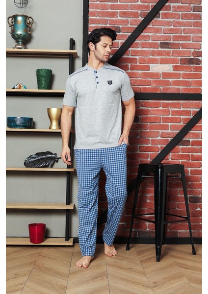 Erkek Pijama Takımı Süprem Kısa Kol Yazlık Omuz Arabiyeli Küçük Ekoseli Armalı Pamuklu M58362313 fırsatları