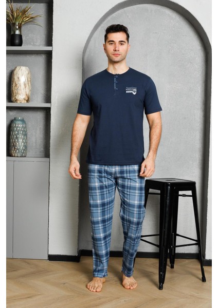 Erkek Pijama Takımı Süprem Kısa Kollu Düğmeli Ekoseli Baskılı Pamuklu M58382335