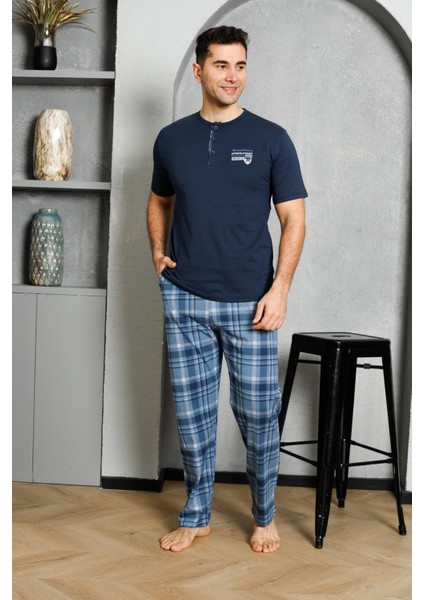 Erkek Pijama Takımı Süprem Kısa Kollu Düğmeli Ekoseli Baskılı Pamuklu M58382335