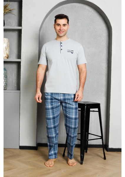 Erkek Pijama Takımı Süprem Kısa Kollu Düğmeli Ekoseli Baskılı Pamuklu M58382335 modelleri
