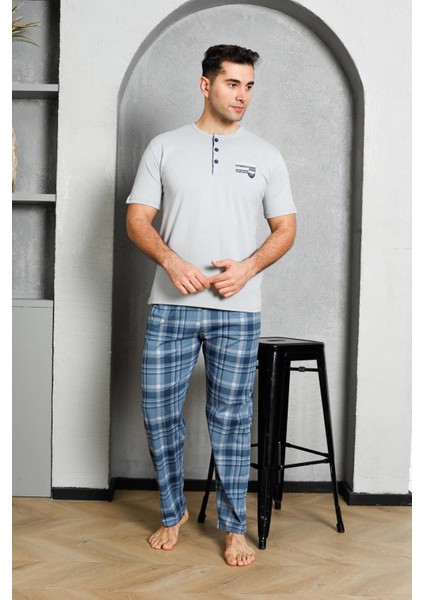 Erkek Pijama Takımı Süprem Kısa Kollu Düğmeli Ekoseli Baskılı Pamuklu M58382335 fırsatları